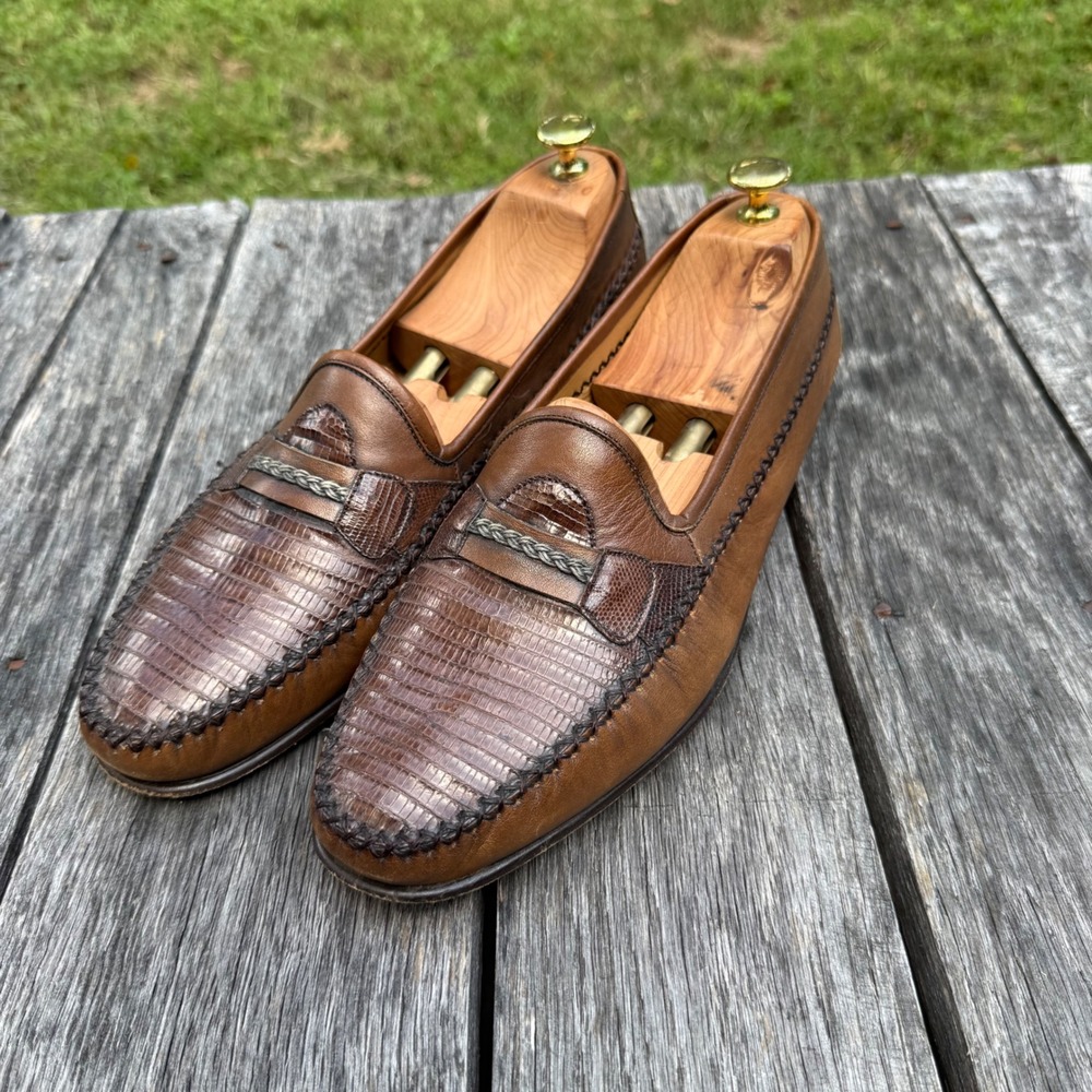 Mezlan Regan Genuine Lizard Skin Penny Loafers Mens 11M Cognac Brown Dress Shoes
